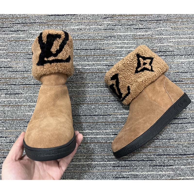 LOUIS VUITTON Suede Calfskin Shearling Snowdrop Flat Ankle Boot 37.5 Black  1253141