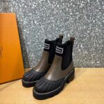 Louis Vuitton Women Shoes LV Beaubourg Ankle Boot Khaki Green Calf Leather Neoprene - Imagen 4