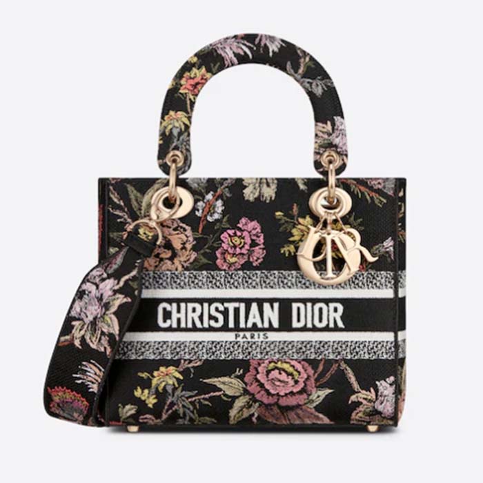 Dior Women CD Medium Lady D-Lite Bag Black Multicolor Jardin Botanique Embroidery
