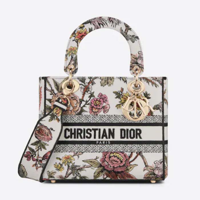 Dior Women CD Medium Lady D-Lite Bag White Multicolor Jardin Botanique Embroidery (1)