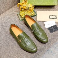 Gucci Men’s GG Loafer Mirrored G Dark Green Leather Fringe Low Heel (2)