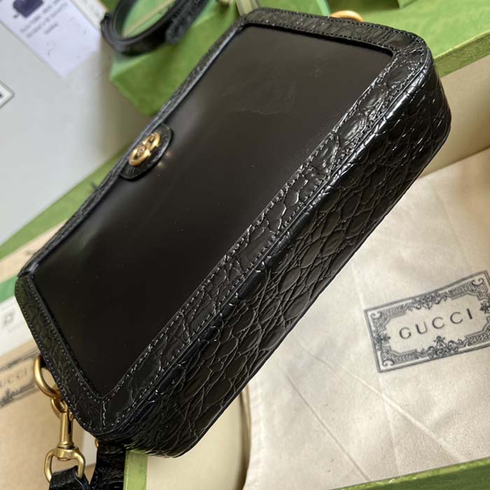 Gucci Unisex Crocodile Trim Shoulder Bag Double G Black Leather Zip Closure (5)