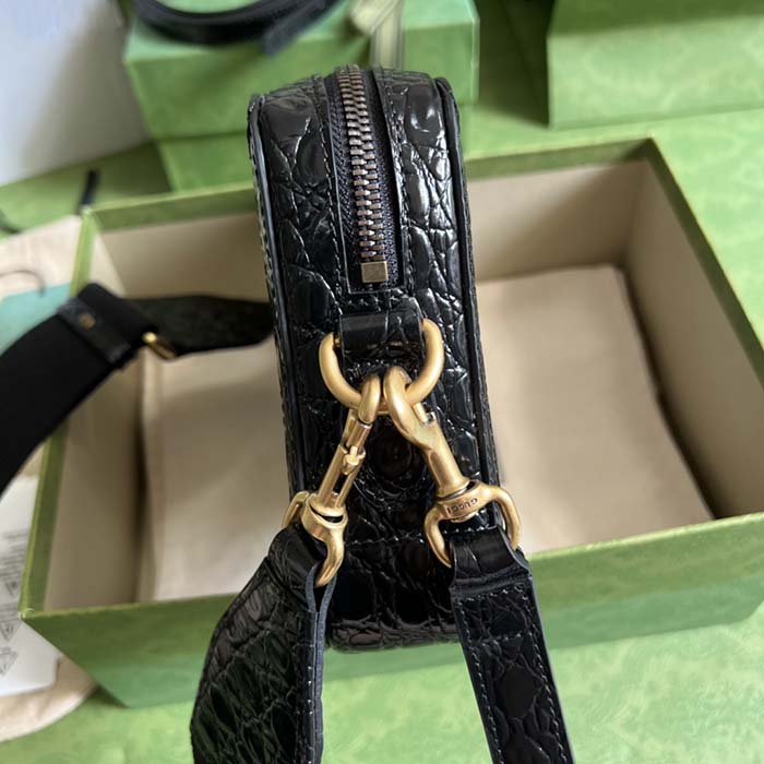 Gucci Unisex Crocodile Trim Shoulder Bag Double G Black Leather Zip Closure (6)