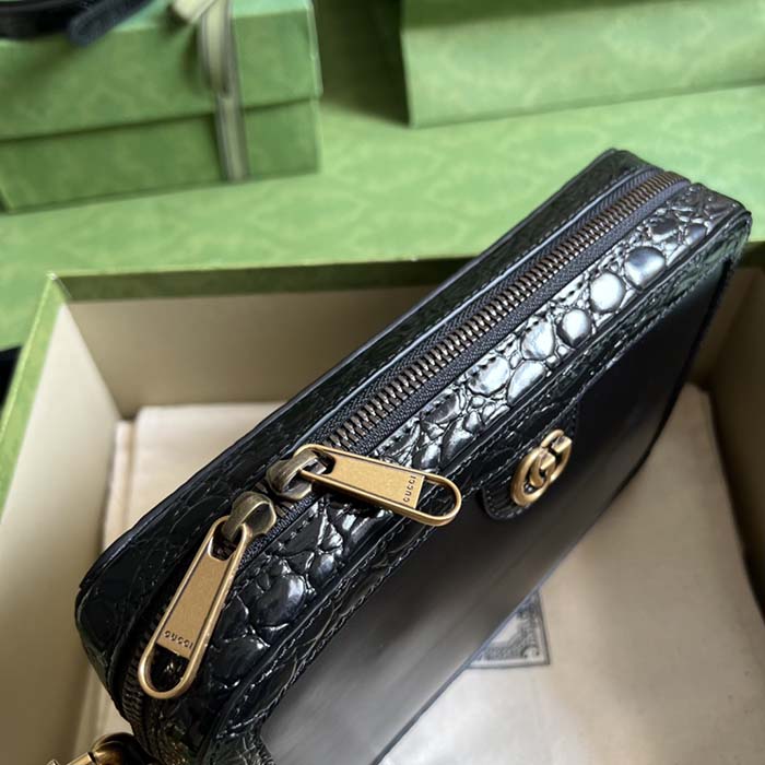 Gucci Unisex Crocodile Trim Shoulder Bag Double G Black Leather Zip Closure (9)