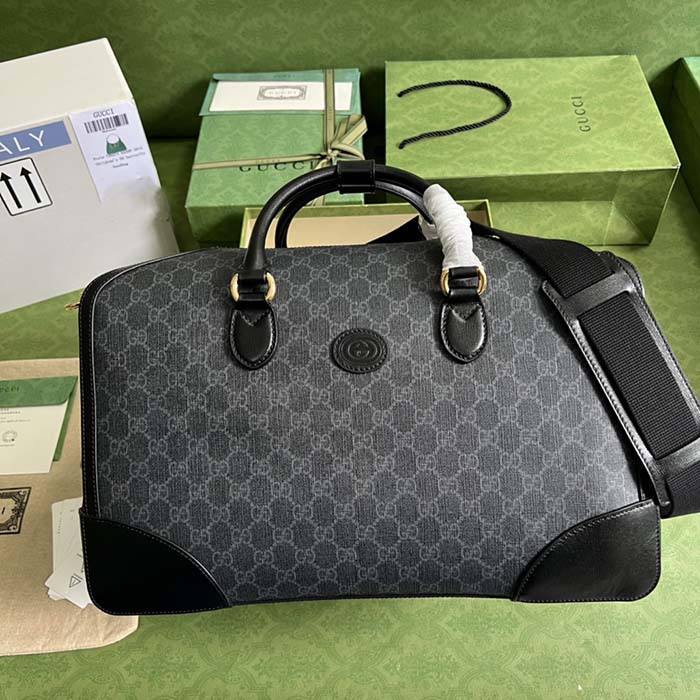 Gucci Unisex Duffle Bag Interlocking G Black GG Supreme Canvas Leather (11)