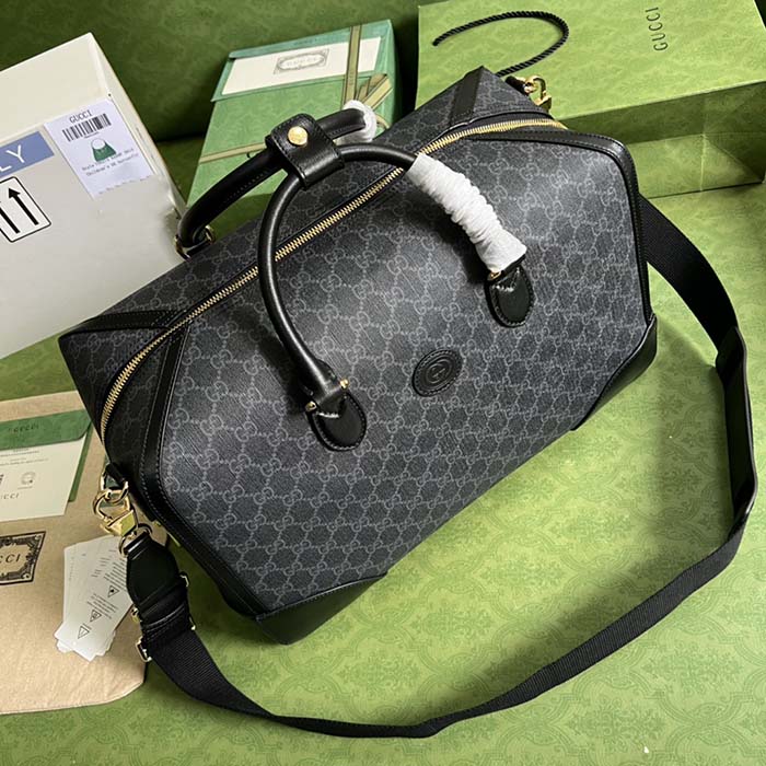Gucci Unisex Duffle Bag Interlocking G Black GG Supreme Canvas Leather (12)