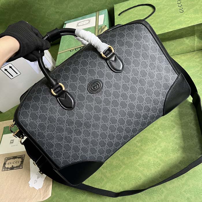Gucci Unisex Duffle Bag Interlocking G Black GG Supreme Canvas Leather (13)