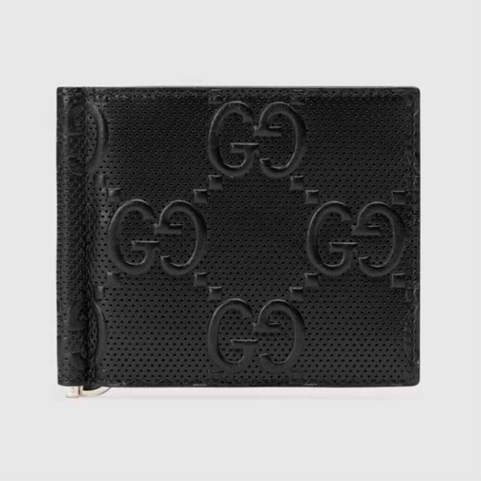 Gucci Unisex GG Embossed Money Clip Embossed Black Leather Viscose Lining