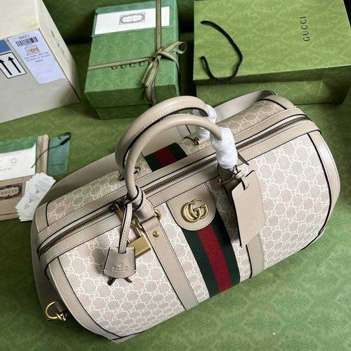 Gucci Unisex Gucci Savoy Duffle Bag Beige White GG Supreme Canvas Double G (10)