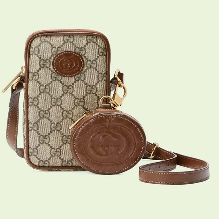 Gucci Unisex Mini Bag Interlocking G Beige Ebony GG Supreme Canvas Brown Leather