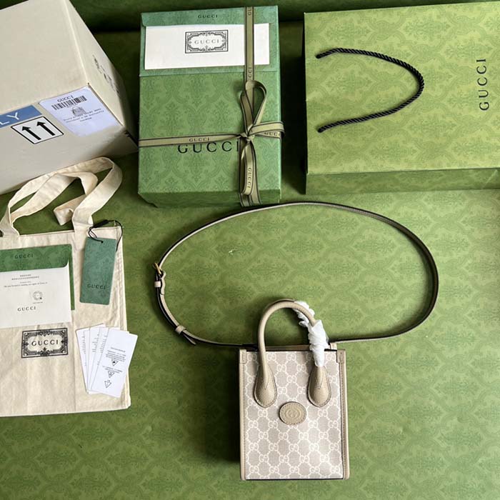 Gucci Unisex Mini Tote Bag Interlocking G Beige White GG Supreme Canvas (11)