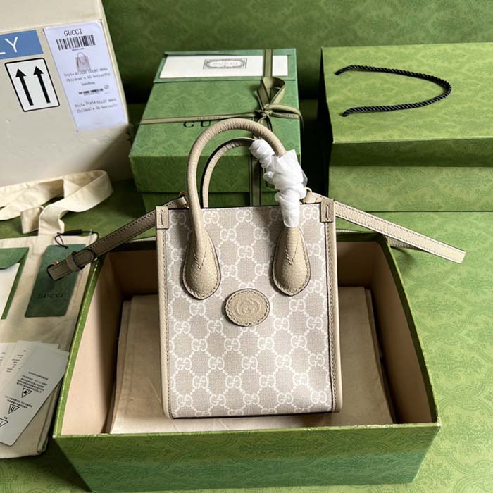 Gucci Unisex Mini Tote Bag Interlocking G Beige White GG Supreme Canvas (6)