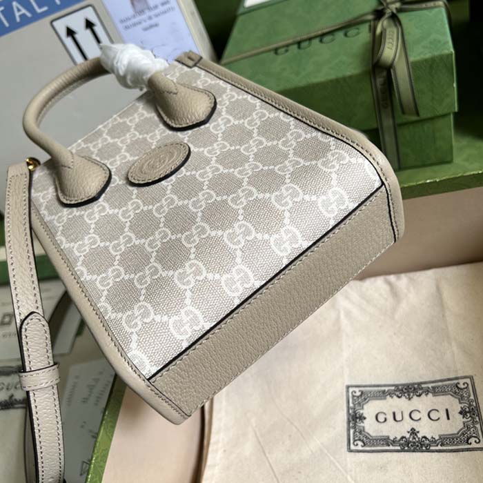 Gucci Unisex Mini Tote Bag Interlocking G Beige White GG Supreme Canvas (8)