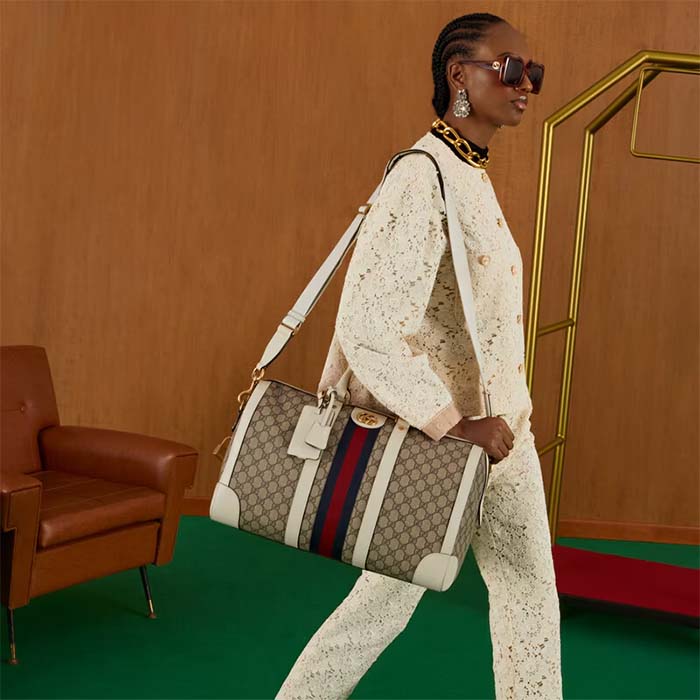 Gucci Unisex Ophidia Medium Duffle Bag Beige Ebony GG Supreme Canvas Double G (1)