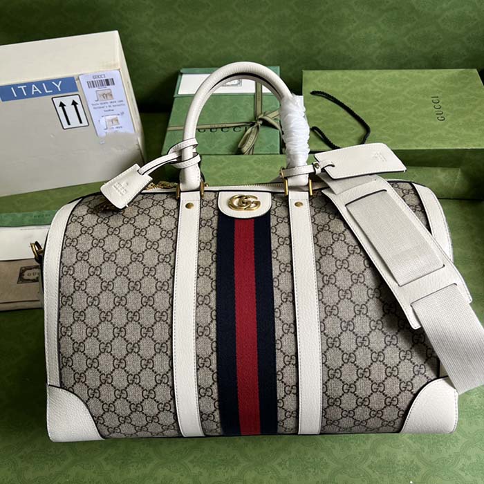 Gucci Unisex Ophidia Medium Duffle Bag Beige Ebony GG Supreme Canvas Double G (4)