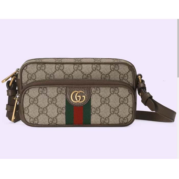 Gucci Unisex Ophidia Mini Bag Beige Ebony GG Supreme Canvas Brown Leather
