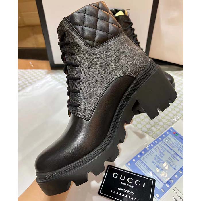 Gucci Women Ankle Boots Black GG Supreme Canvas Rubber Lace-Up High Heel (2)