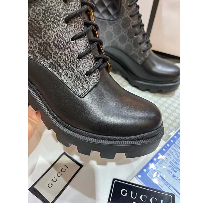 Gucci Women Ankle Boots Black GG Supreme Canvas Rubber Lace-Up High Heel (6)