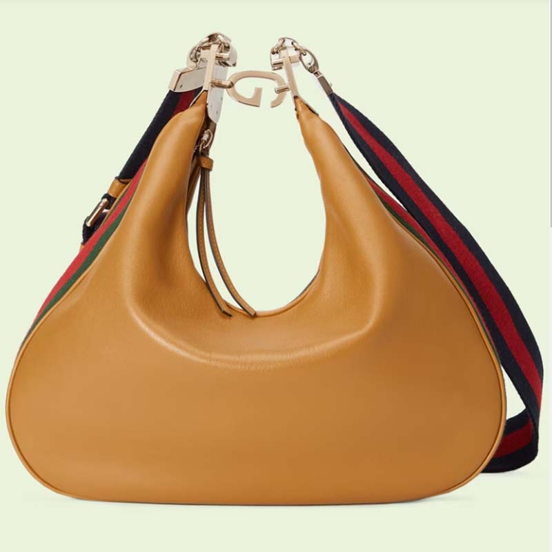 Gucci Women Attache Large Shoulder Bag Dark Orange Leather Green Red Web (9)