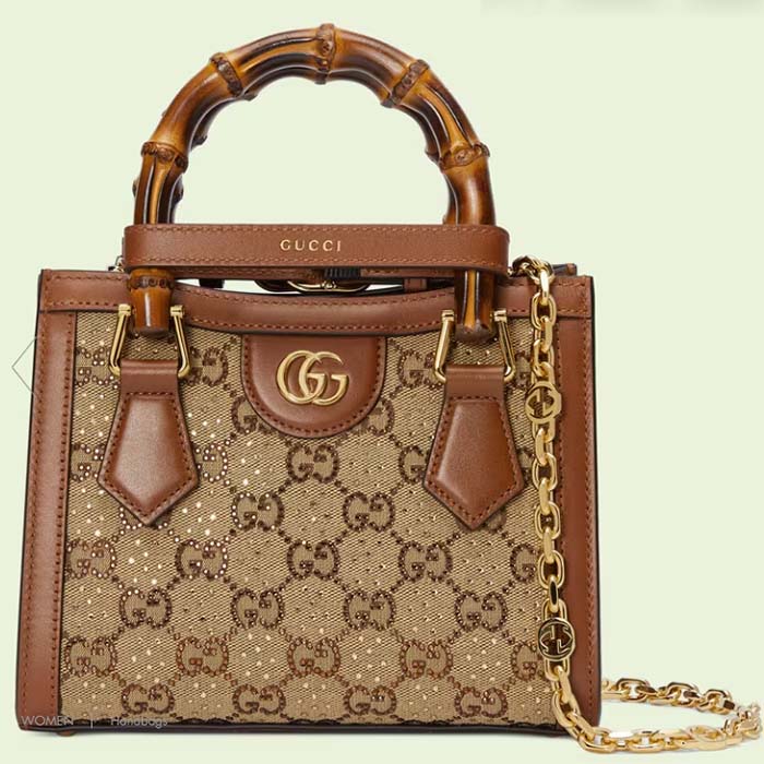 Gucci Women Diana Mini Tote Bag Camel Ebony GG Canvas Crystals Double G