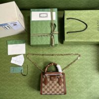 Gucci Women Diana Mini Tote Bag Camel Ebony GG Canvas Crystals Double G (4)
