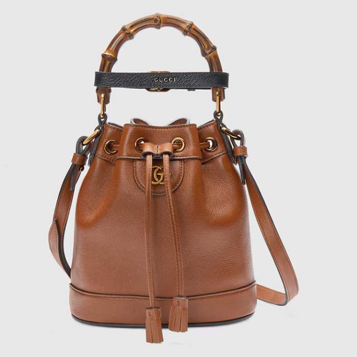 Gucci Women GG Diana Mini Bucket Bag Brown Leather Double G