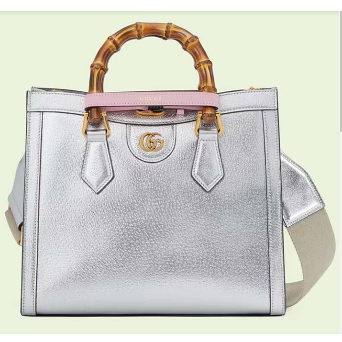 Gucci Women GG Diana Small Tote Bag Silver Lamé Leather Double G