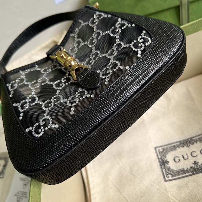 Gucci Women GG Jackie 1961 Mini Crystal GG Lizard Bag Black Mesh (11)