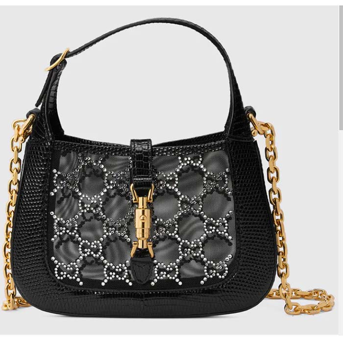 Gucci Women GG Jackie 1961 Mini Crystal GG Lizard Bag Black Mesh