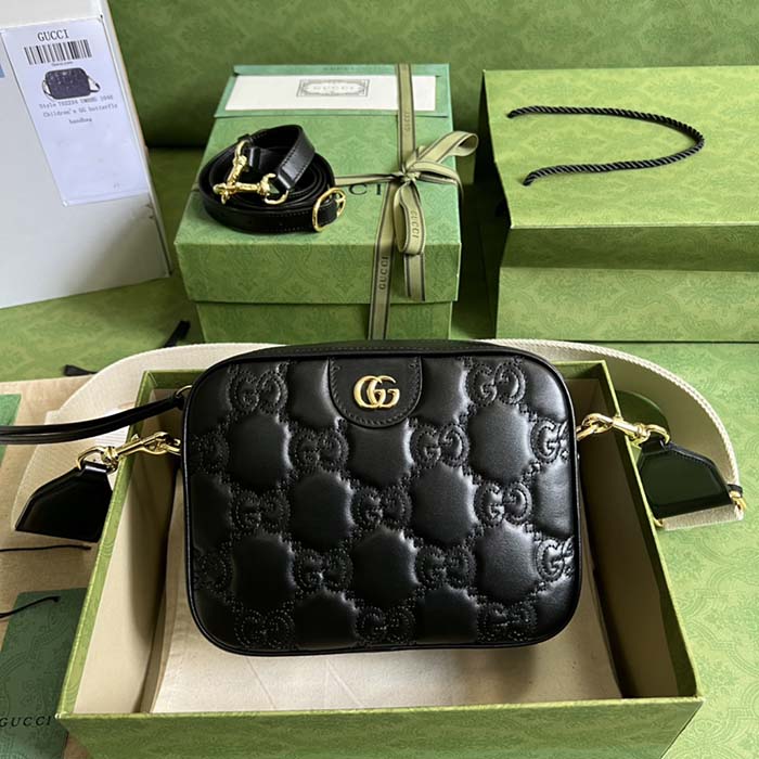 Gucci Women GG Matelassé Leather Small Bag Black Double G Zip Closure (4)