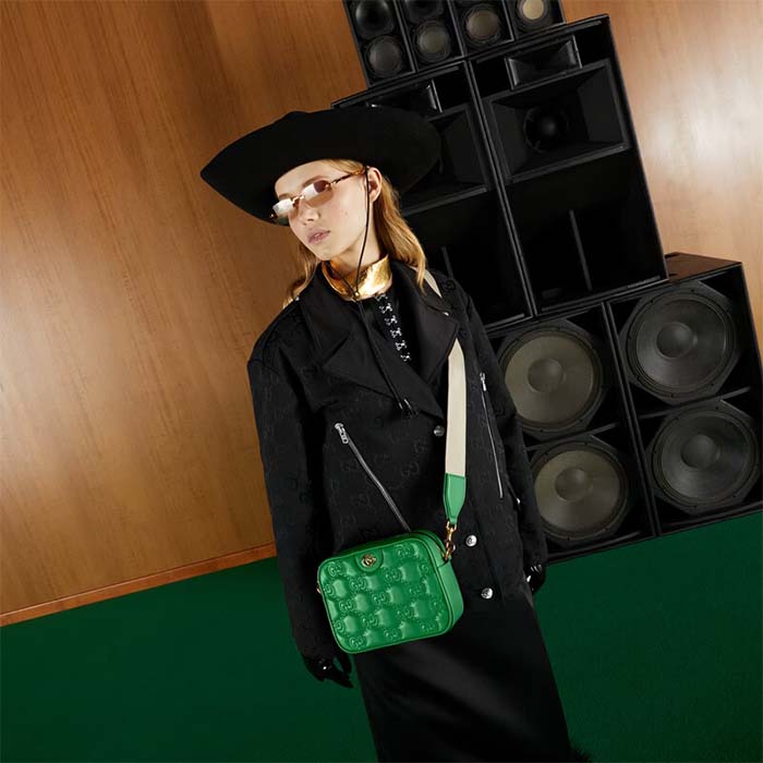 Gucci Women GG Matelassé Leather Small Bag Bright Green Double G Zip Closure (1)