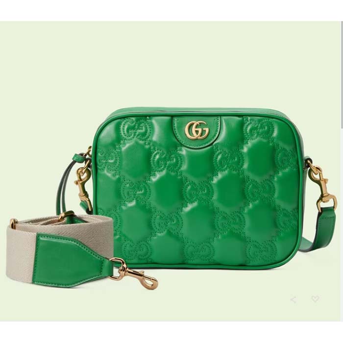 Gucci Women GG Matelassé Leather Small Bag Bright Green Double G Zip Closure