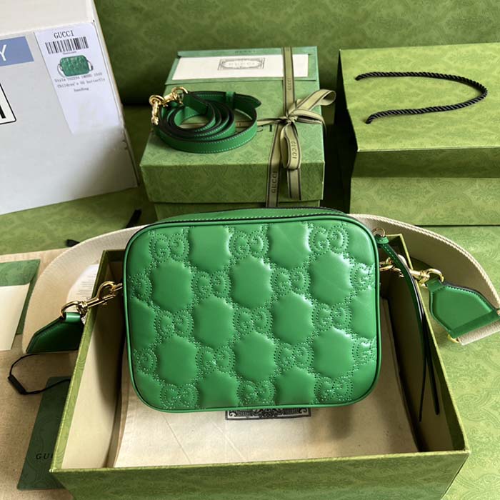 Gucci Women GG Matelassé Leather Small Bag Bright Green Double G Zip Closure (7)