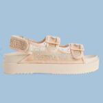 Gucci Women GG Sandal Crystals Rose Beige Mesh Tonal Suede Rubber Sole Flat