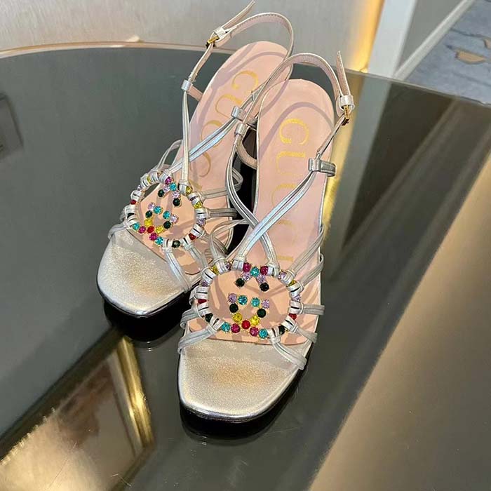 Gucci Women GG Sandal Interlocking G Silver Metallic Leather High 9 Cm Heel (1)