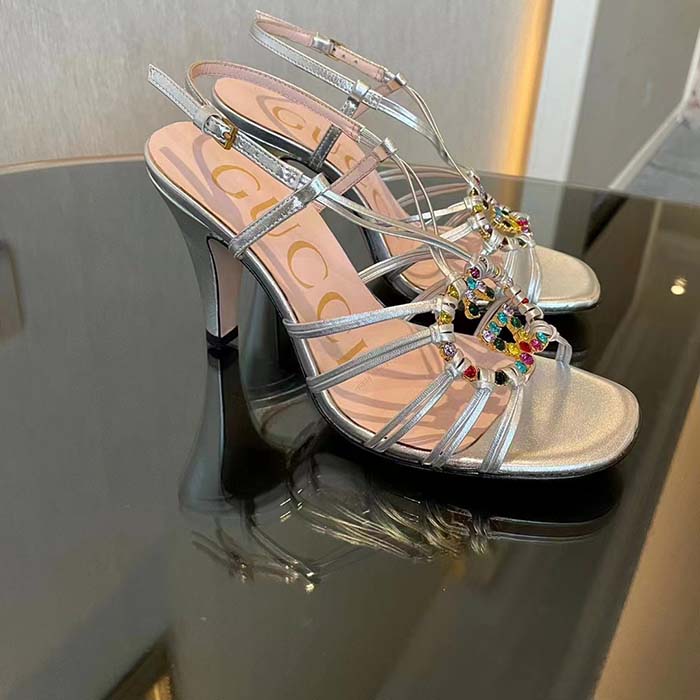 Gucci Women GG Sandal Interlocking G Silver Metallic Leather High 9 Cm Heel (11)