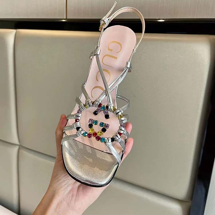 Gucci Women GG Sandal Interlocking G Silver Metallic Leather High 9 Cm Heel (3)