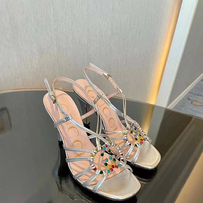 Gucci Women GG Sandal Interlocking G Silver Metallic Leather High 9 Cm Heel (6)