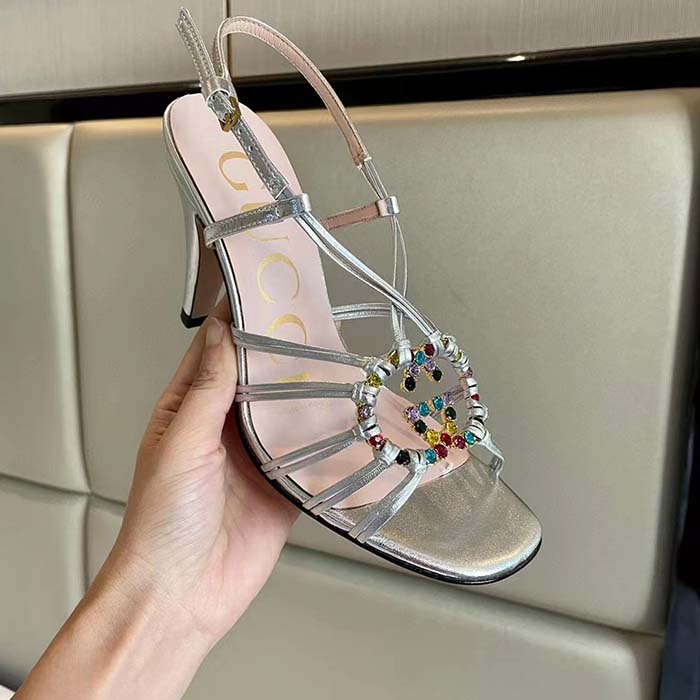 Gucci Women GG Sandal Interlocking G Silver Metallic Leather High 9 Cm Heel (7)