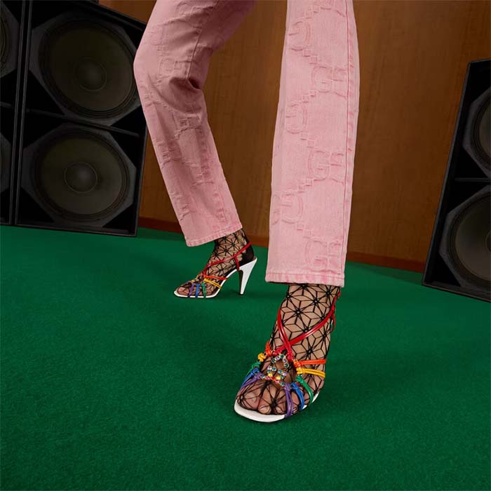 Gucci Women GG Sandal Interlocking G White Multicolor Leather High 9 Cm Heel (1)