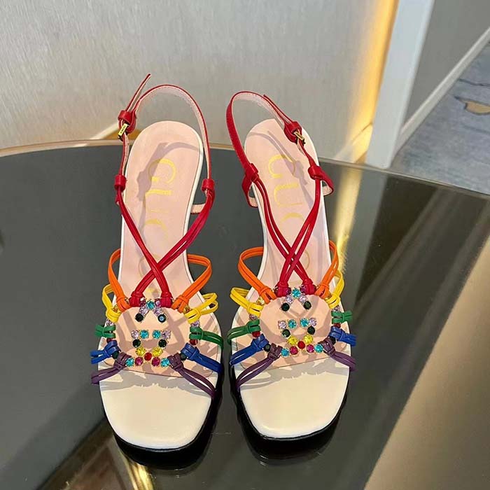 Gucci Women GG Sandal Interlocking G White Multicolor Leather High 9 Cm Heel (2)