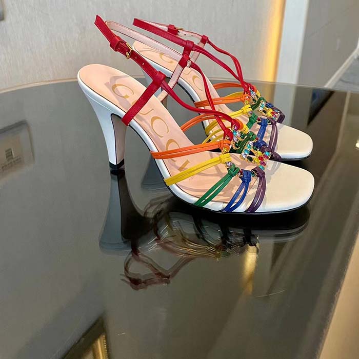 Gucci Women GG Sandal Interlocking G White Multicolor Leather High 9 Cm Heel (3)
