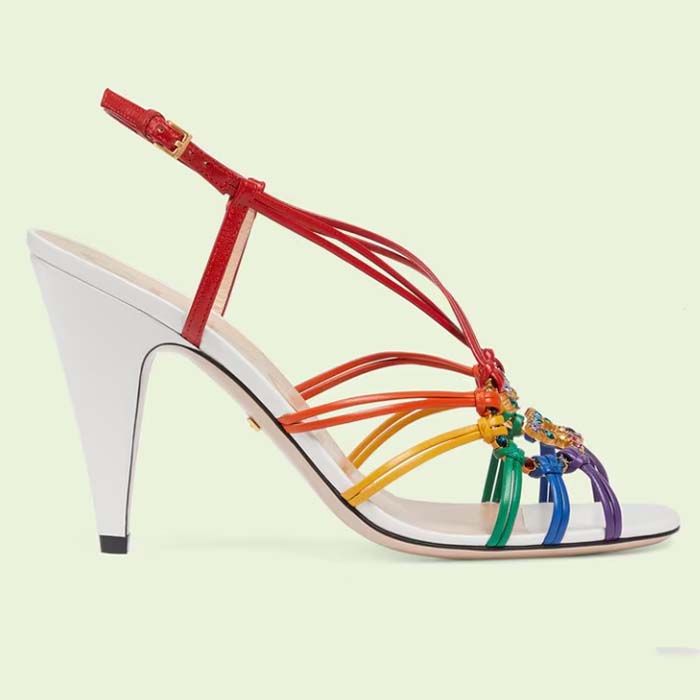Gucci Women GG Sandal Interlocking G White Multicolor Leather High 9 Cm Heel