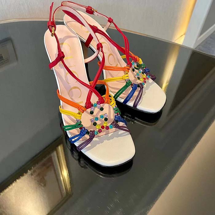 Gucci Women GG Sandal Interlocking G White Multicolor Leather High 9 Cm Heel (5)