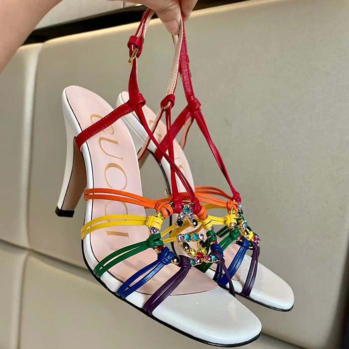 Gucci Women GG Sandal Interlocking G White Multicolor Leather High 9 Cm Heel (6)
