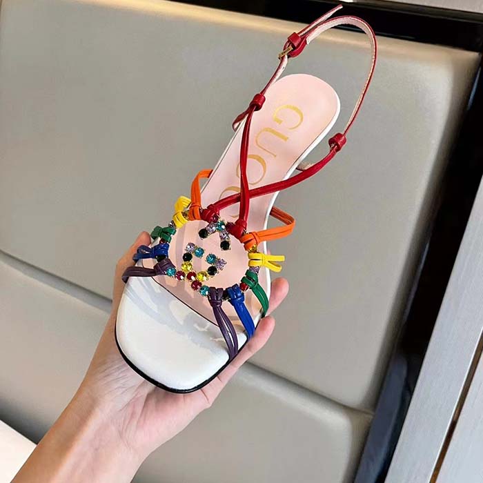 Gucci Women GG Sandal Interlocking G White Multicolor Leather High 9 Cm Heel (8)