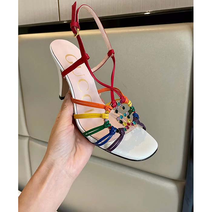 Gucci Women GG Sandal Interlocking G White Multicolor Leather High 9 Cm Heel (9)