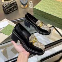 Gucci Women Loafer Interlocking G Black Leather Beige Ebony GG Supreme Canvas (1)