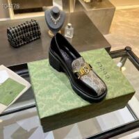 Gucci Women Loafer Interlocking G Black Leather Beige Ebony GG Supreme Canvas (1)