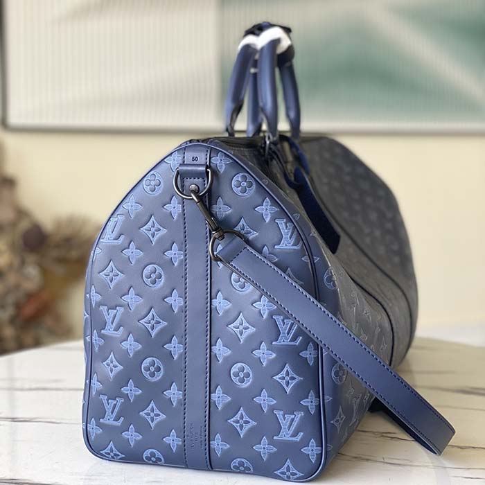 LOUIS VUITTON Calfskin Monogram Shadow Keepall Bandouliere 50 Navy |  FASHIONPHILE